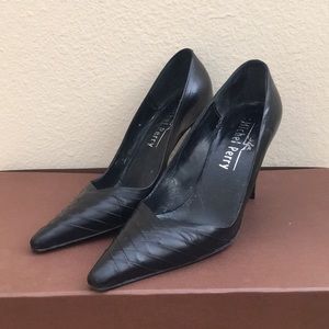 Black Leather Pointed-Toe Heels